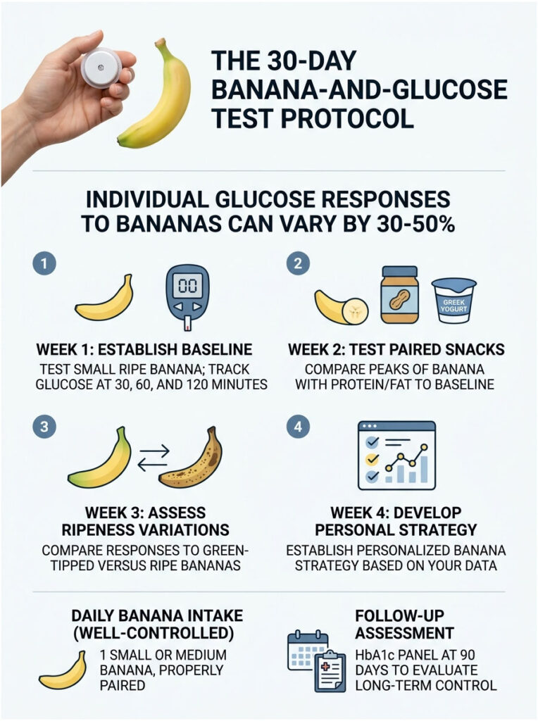 Infographic detailing the 30-day banana-and-glucose test protocol with steps and icons for tracking glucose levels.
