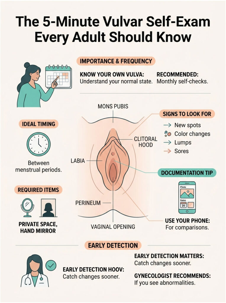 Infographic illustrating a 5-minute vulvar self-exam, detailing anatomy, signs to look for, and documentation tips.