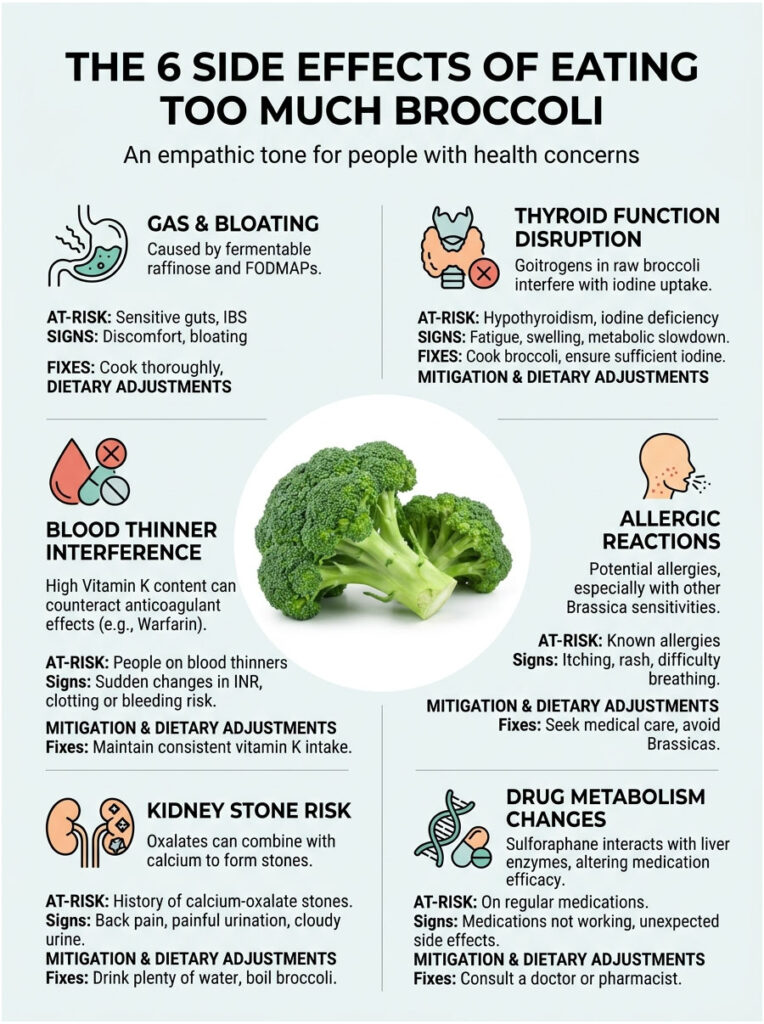 Infographic detailing six side effects of eating too much broccoli, including gas, thyroid issues, and allergic reactions.