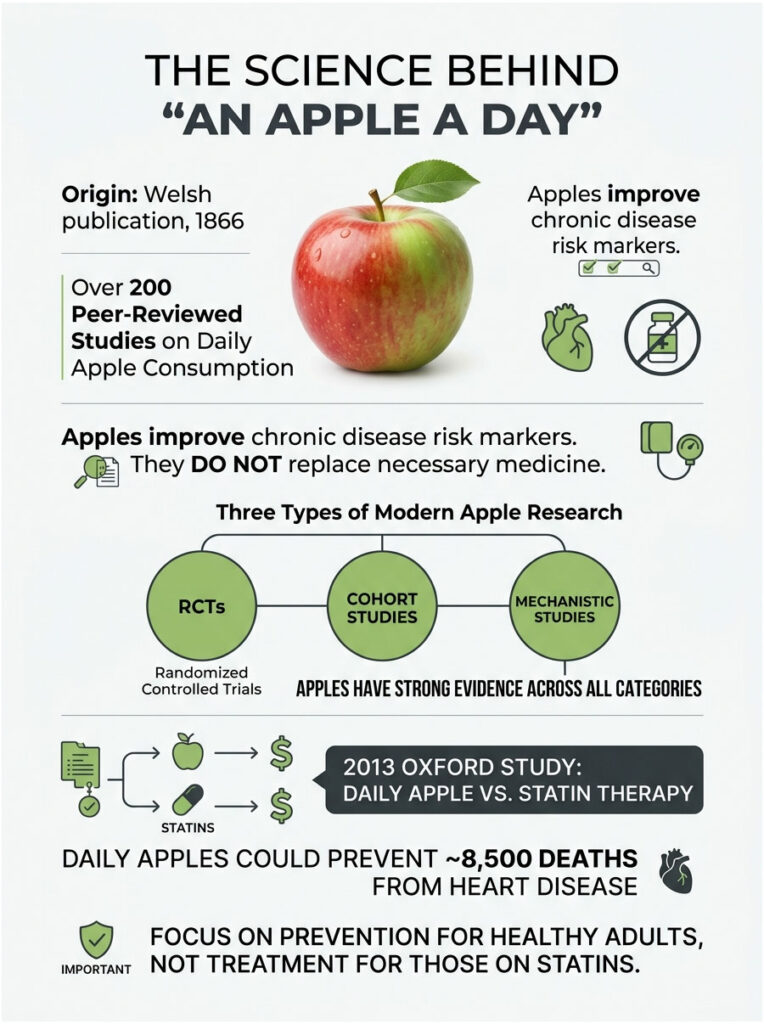 Infographic showing benefits of daily apple consumption, including studies and health statistics related to chronic diseases.