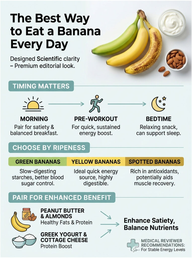 Infographic detailing the best ways to eat bananas, including timing, ripeness, and pairings for benefits.