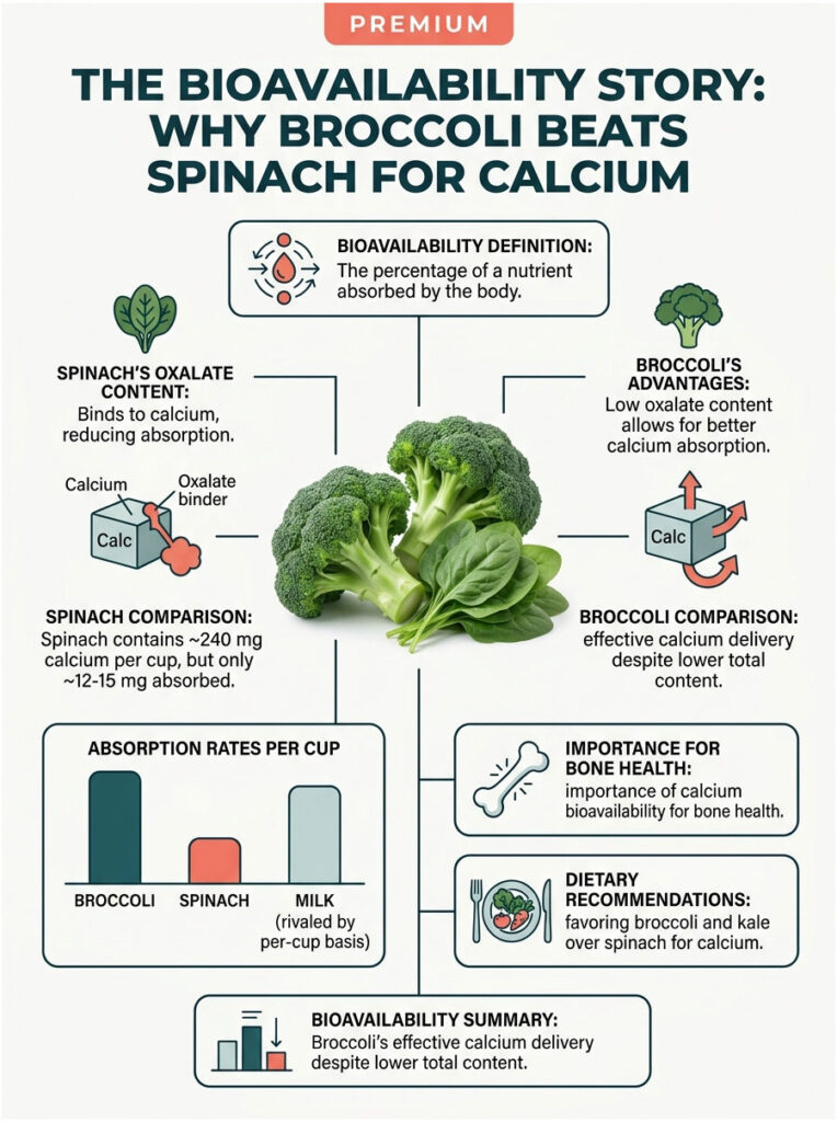 Infographic comparing calcium absorption from broccoli and spinach, highlighting bioavailability and oxalate content.