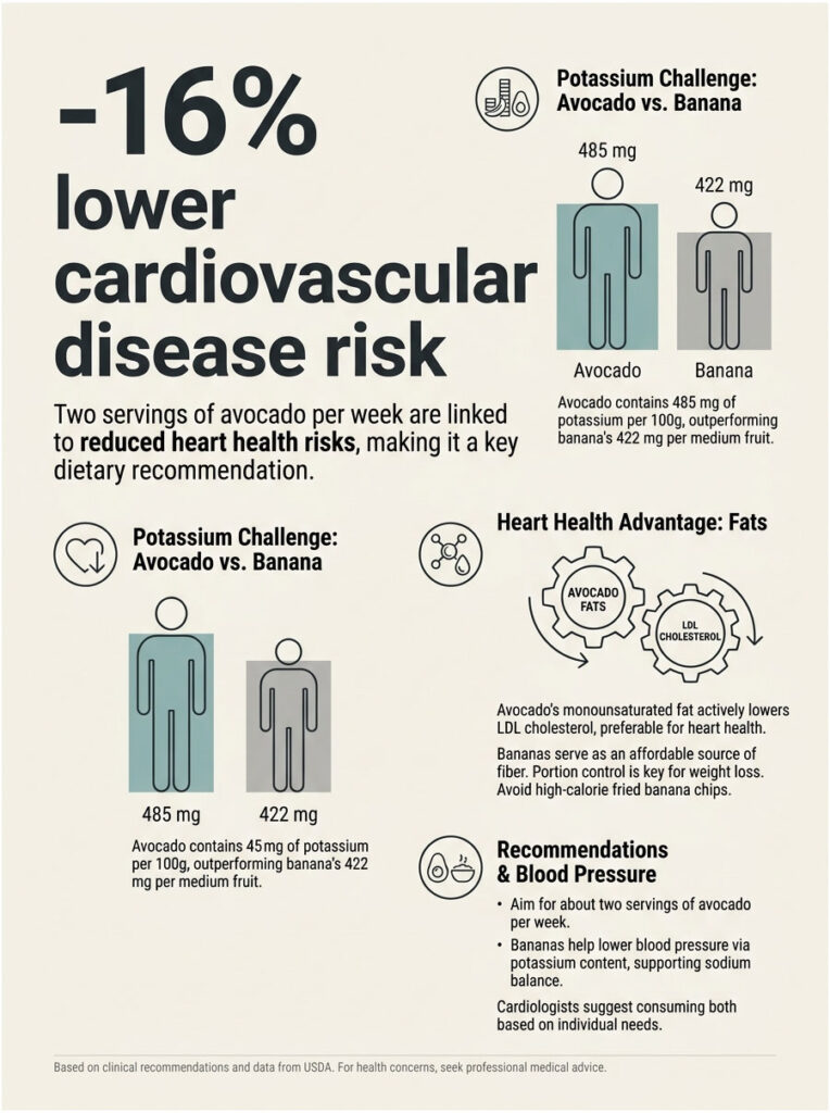 Infographic comparing avocado and banana potassium content and heart health benefits, showing 485 mg vs. 422 mg.