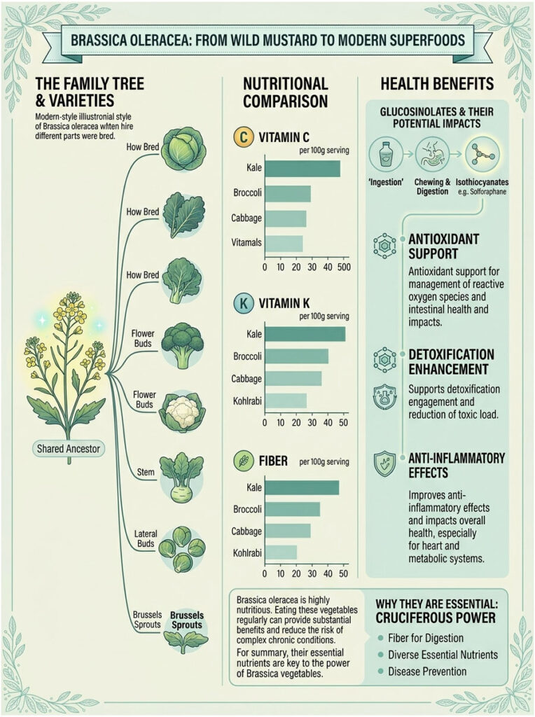 Infographic showing Brassica oleracea family tree, nutritional comparison, and health benefits of vegetables like kale and broccoli.