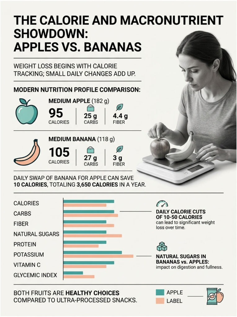 Infographic comparing medium apple and banana nutrition profiles, highlighting calories, carbs, and fiber content.