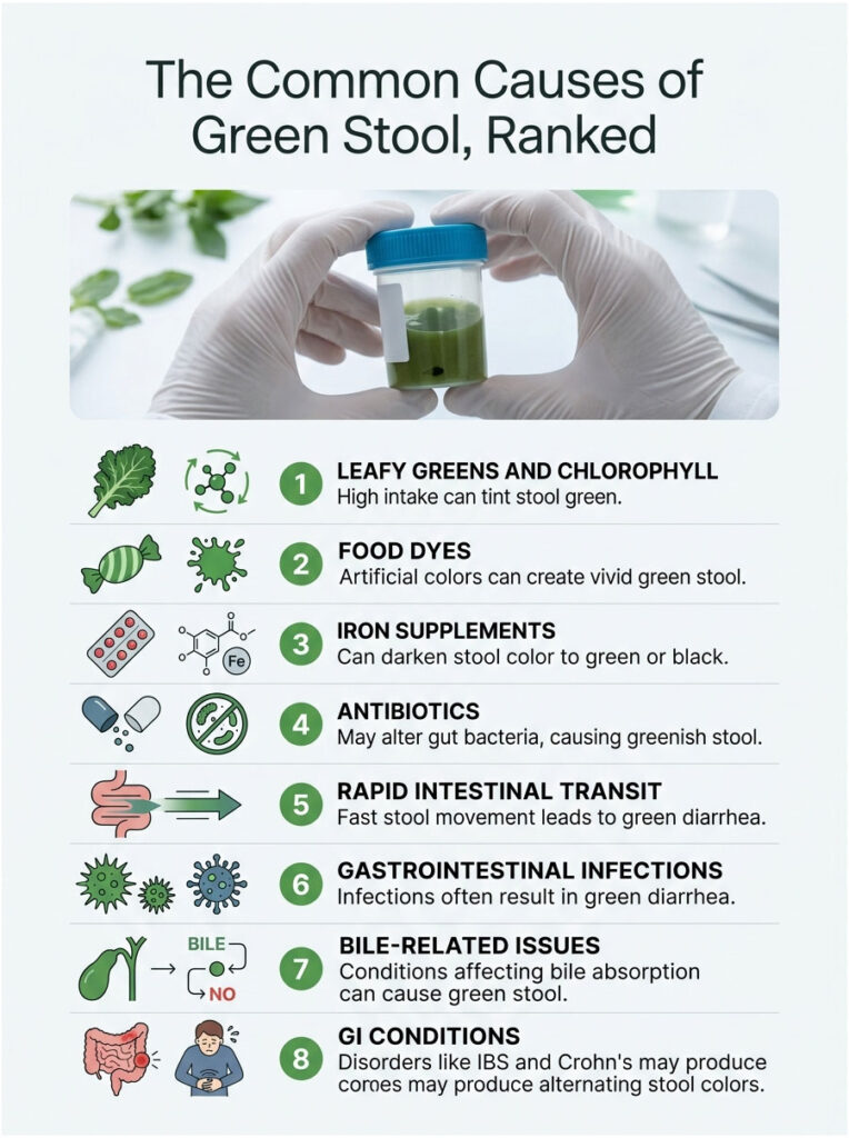 Infographic showing common causes of green stool, including leafy greens, food dyes, and antibiotics with illustrations.