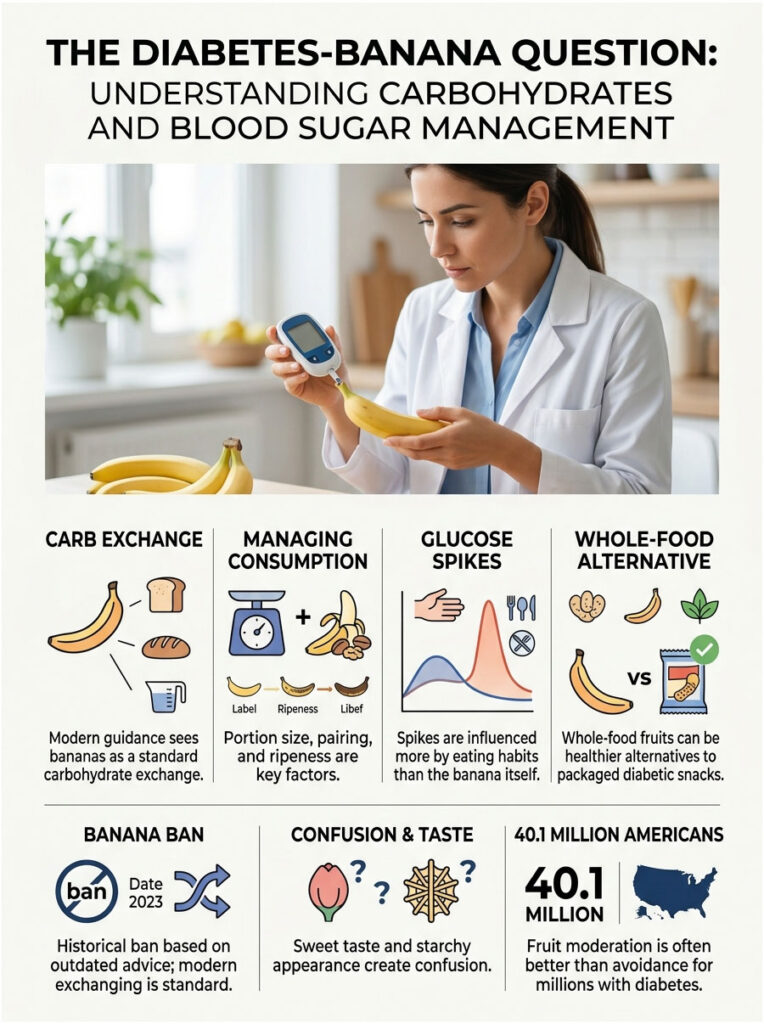 Woman measures blood sugar while holding a banana, with charts and text about diabetes management and carbohydrates. Infographic.