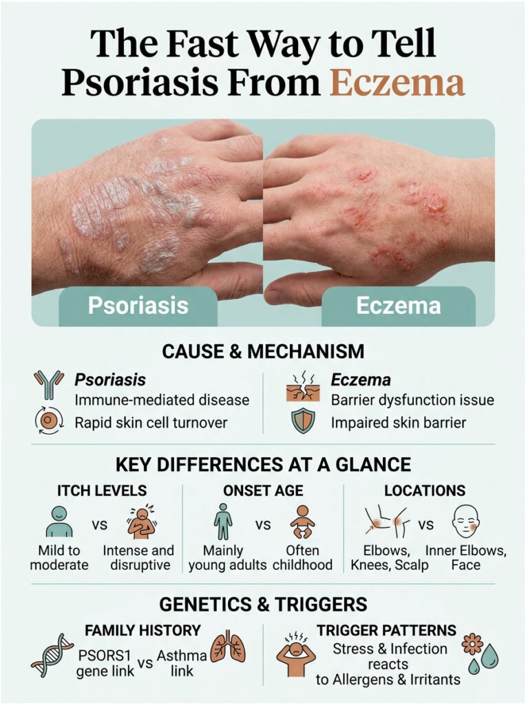 Side-by-side comparison of psoriasis and eczema with descriptions of causes, symptoms, and differences. Infographic.