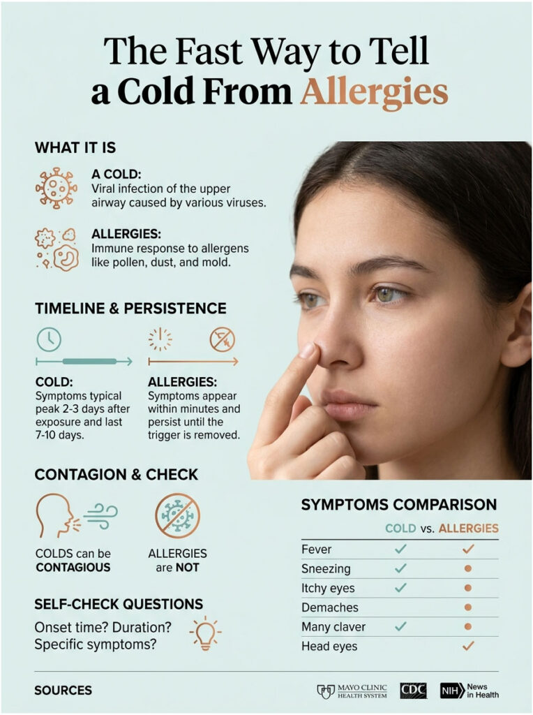 Infographic comparing cold and allergy symptoms, featuring a woman touching her nose and various icons and text.