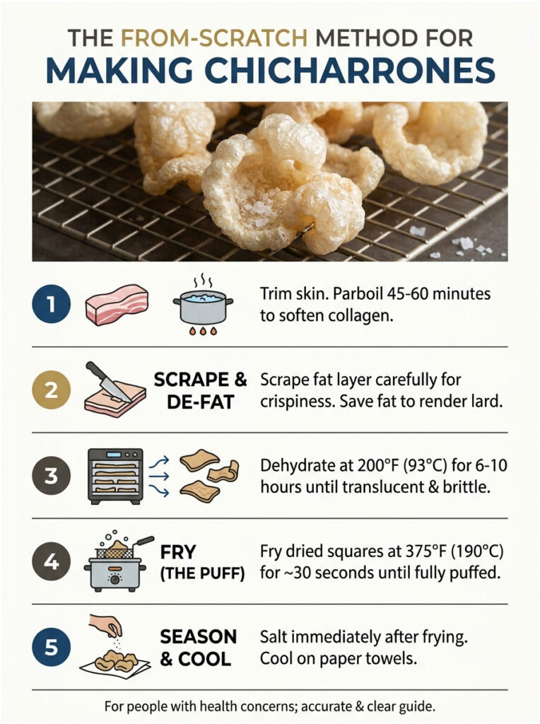 Infographic detailing steps for making chicharrones, including illustrations and text instructions for each step.