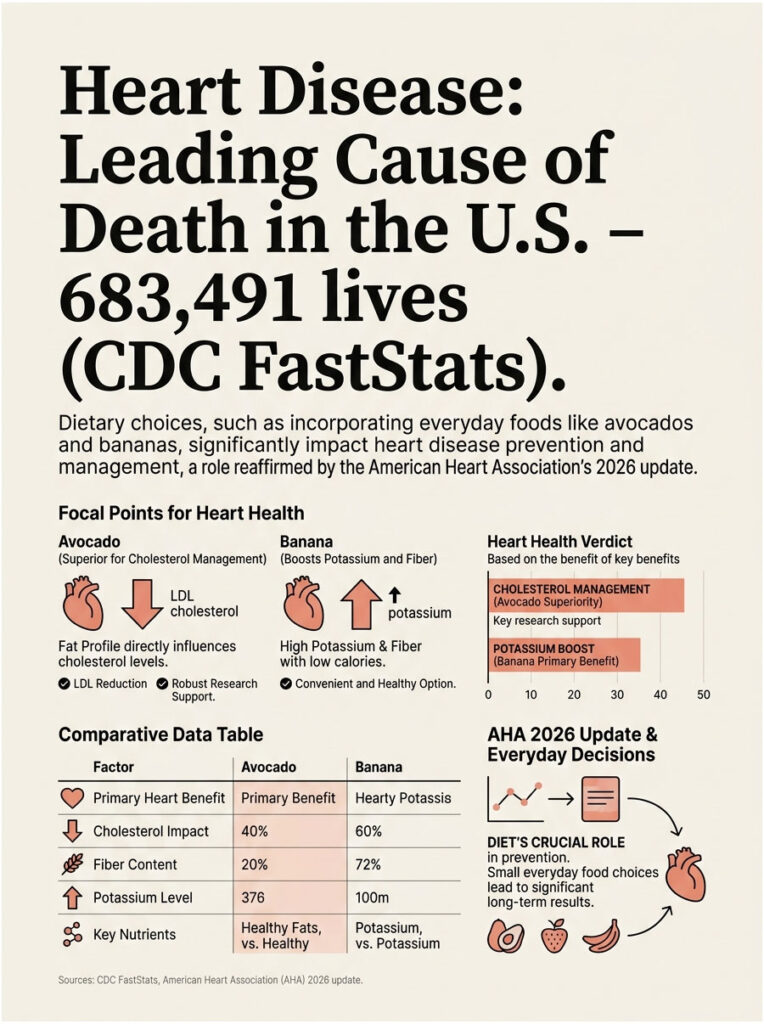 Infographic comparing heart health benefits of avocados and bananas, highlighting cholesterol and potassium levels.