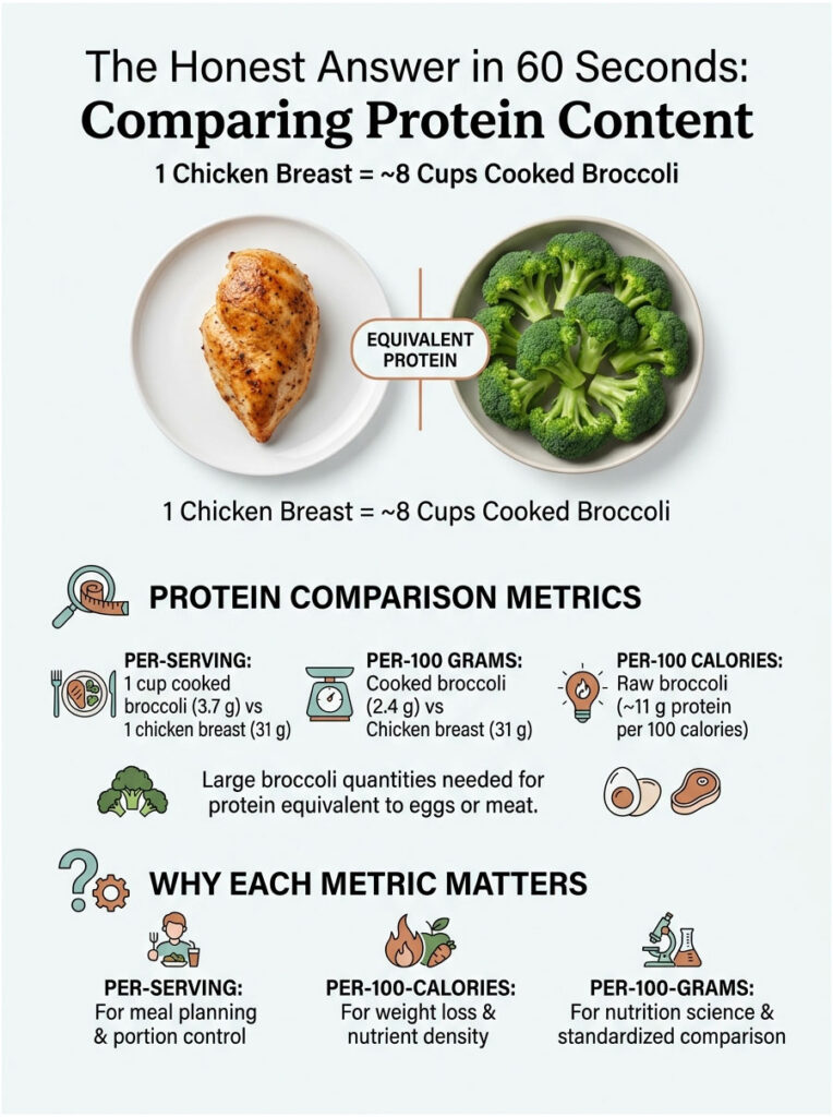 Infographic comparing protein content of chicken breast and broccoli with metrics and illustrations.