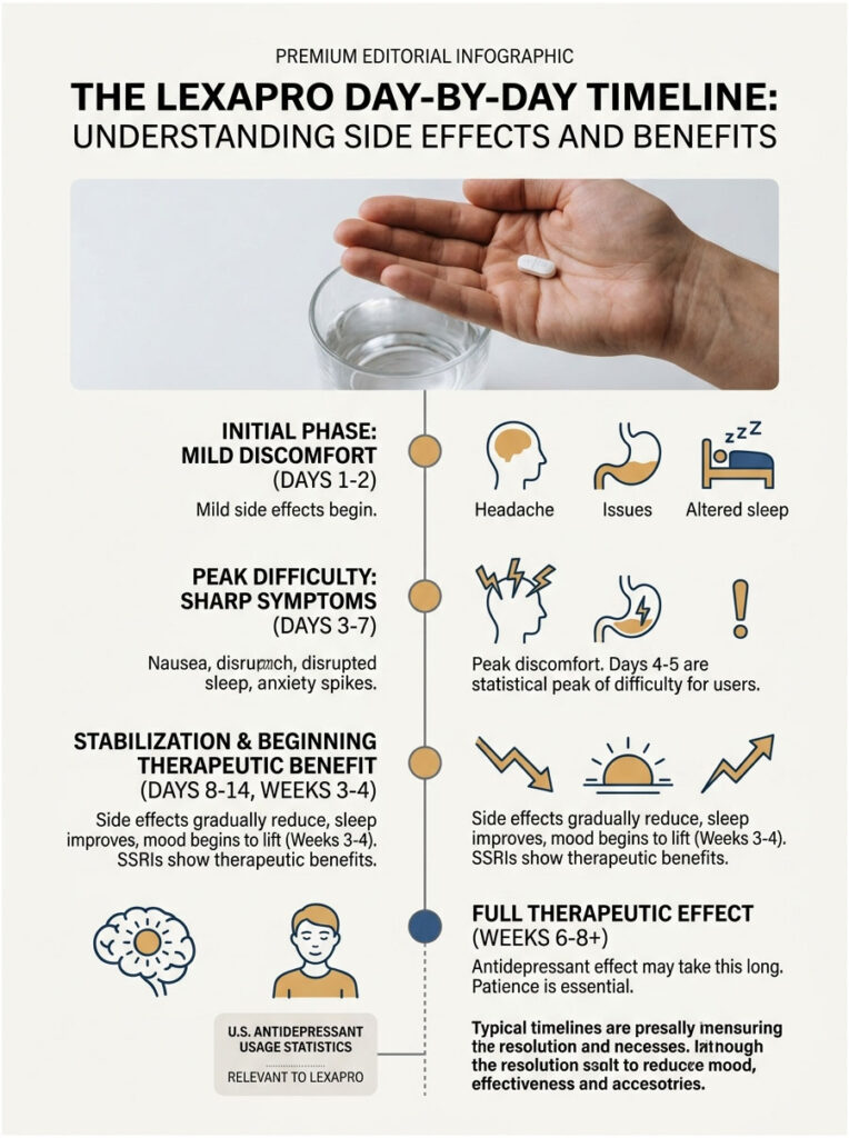 Infographic detailing the Lexapro timeline, showing phases, symptoms, and benefits with icons and text descriptions.