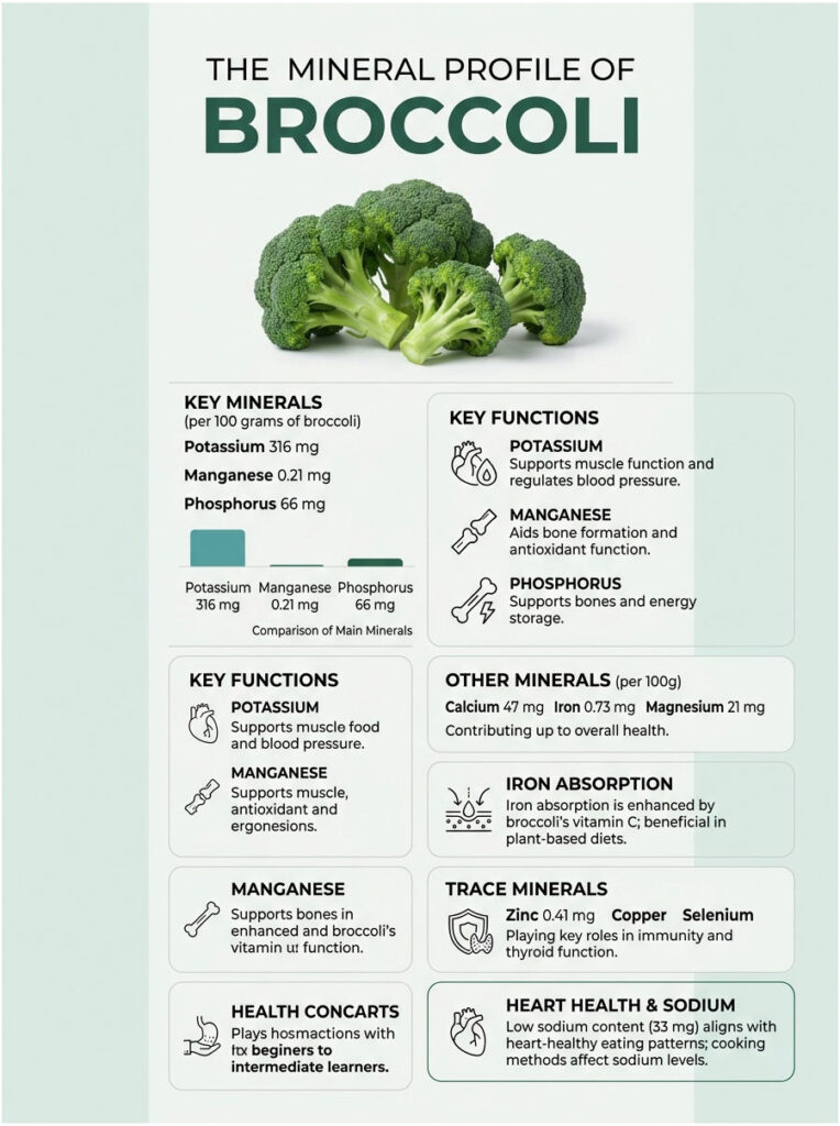 Infographic detailing the mineral profile of broccoli, including key minerals, functions, and health benefits.