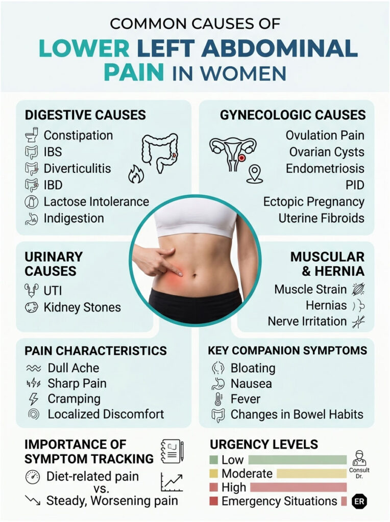Infographic showing common causes of lower left abdominal pain in women, including digestive and gynecologic causes.