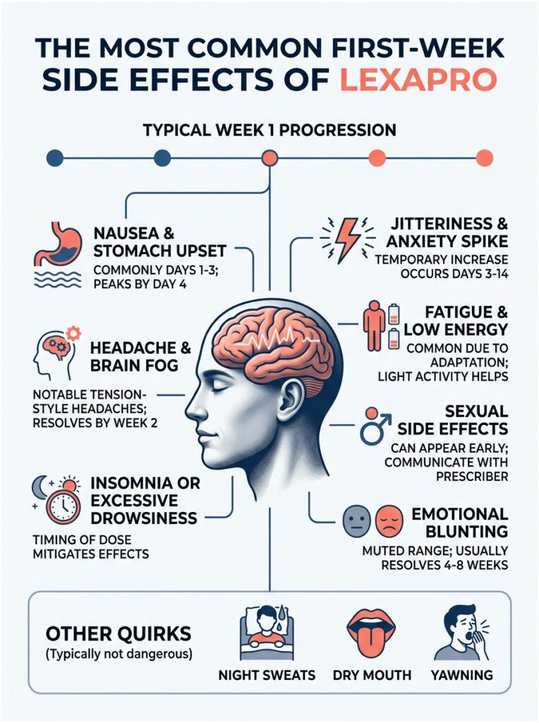 Infographic showing common first-week side effects of Lexapro, including nausea, headaches, and fatigue.