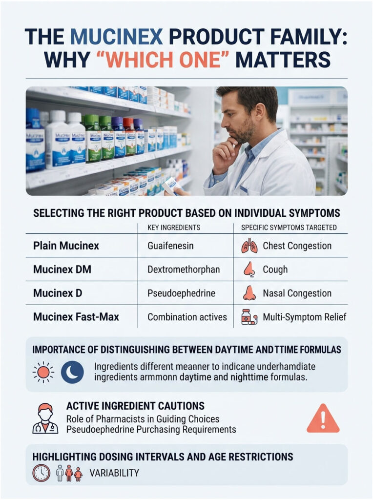 Infographic detailing Mucinex product family, key ingredients, symptoms targeted, and usage guidelines.