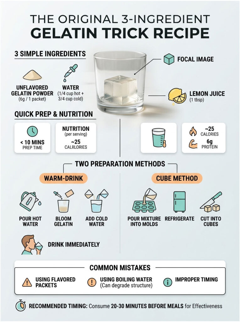 Infographic showing a 3-ingredient gelatin trick recipe with preparation methods and nutrition details.
