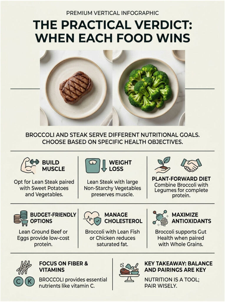 Infographic comparing nutritional benefits of broccoli and steak for various health goals with icons and text.