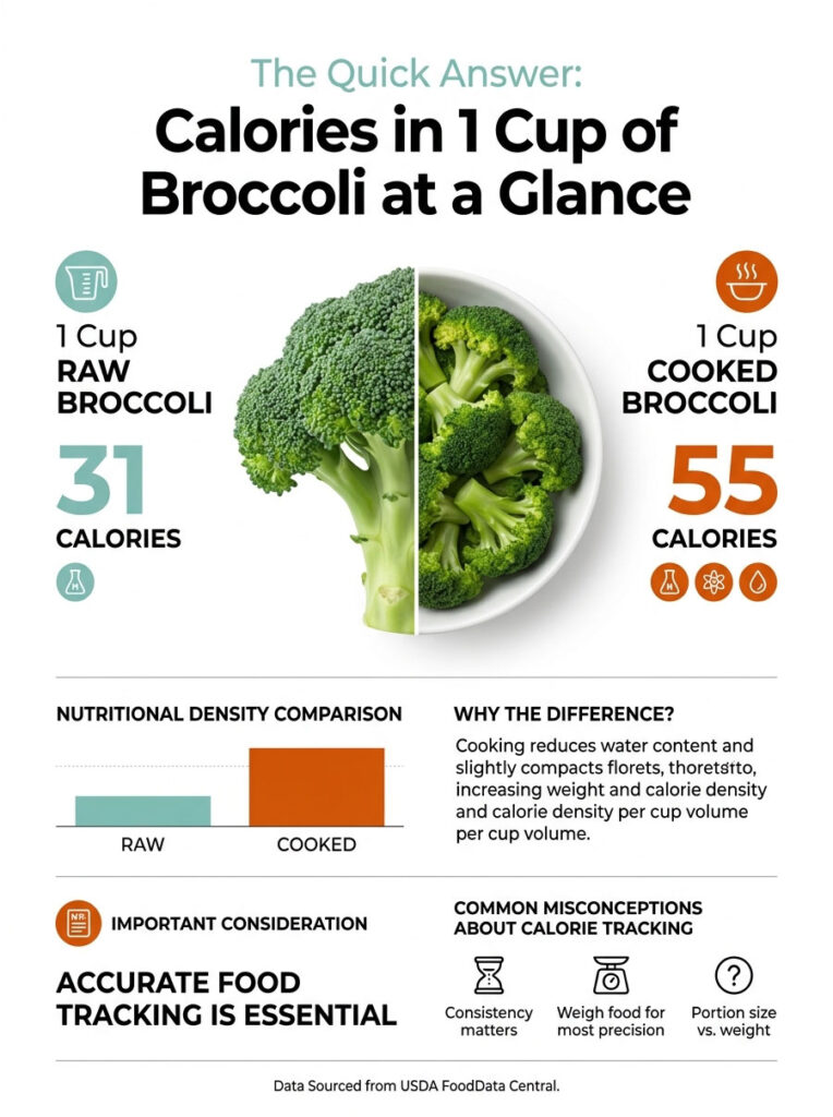 Infographic comparing calories in 1 cup of raw (31 calories) and cooked broccoli (55 calories) with charts and icons.
