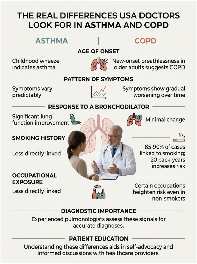 Infographic comparing asthma and COPD with charts on symptoms, smoking history, and patient education.