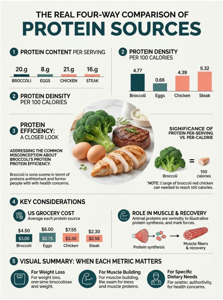 Infographic comparing protein content, density, efficiency, and grocery costs of broccoli, eggs, chicken, and steak.