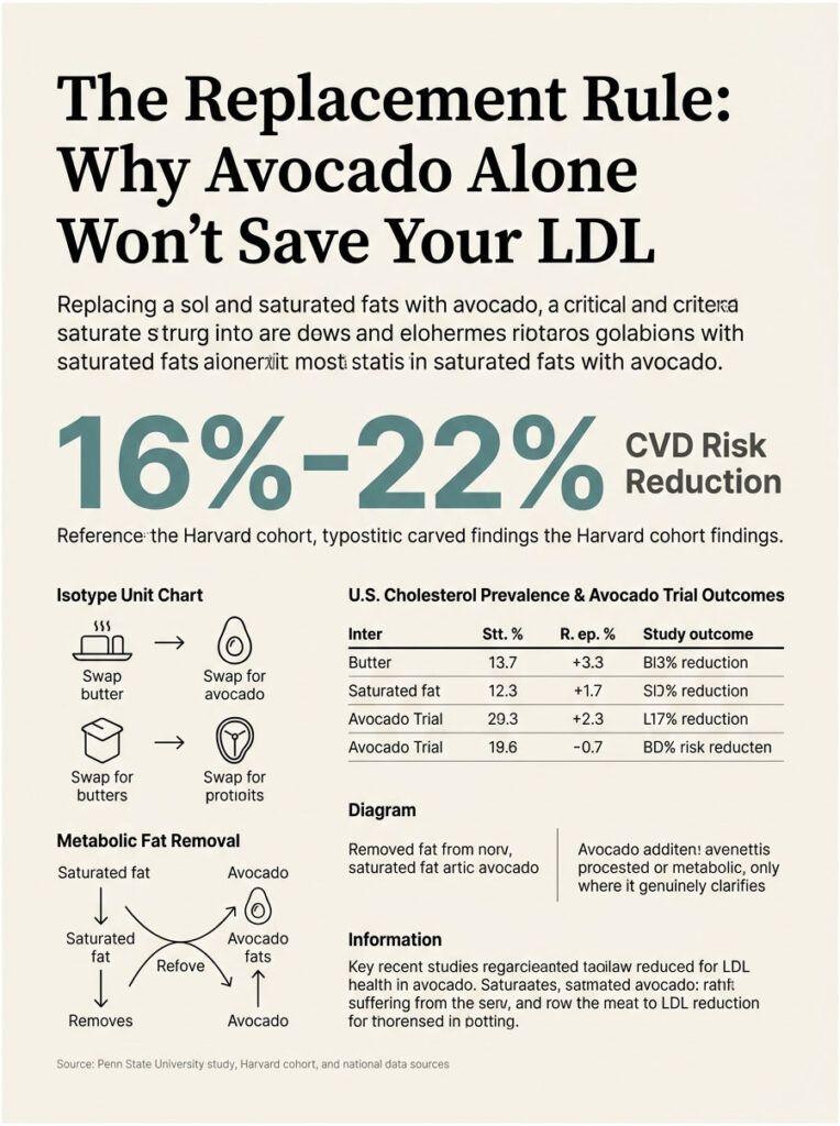 Infographic showing cholesterol data and CVD risk reduction related to avocado consumption and fat replacement.