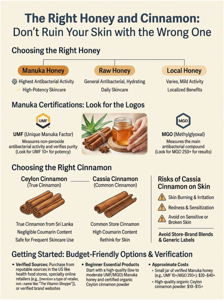 Infographic comparing Manuka, Raw, and Local honey, and Ceylon vs. Cassia cinnamon for skincare.