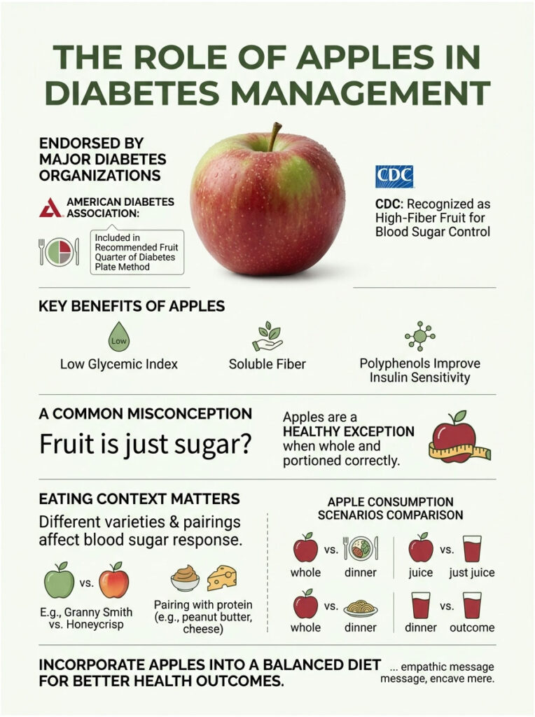 Infographic showing the role of apples in diabetes management, highlighting benefits and consumption scenarios.