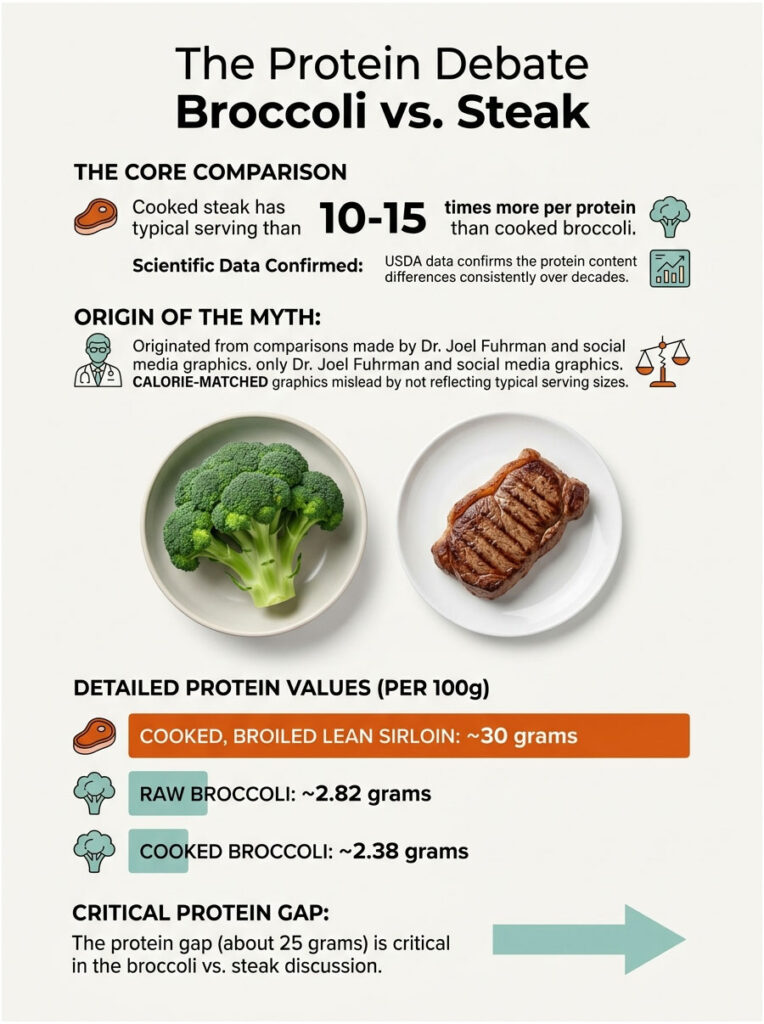 Infographic comparing protein content in cooked steak and broccoli, showing detailed values and origin of the myth.