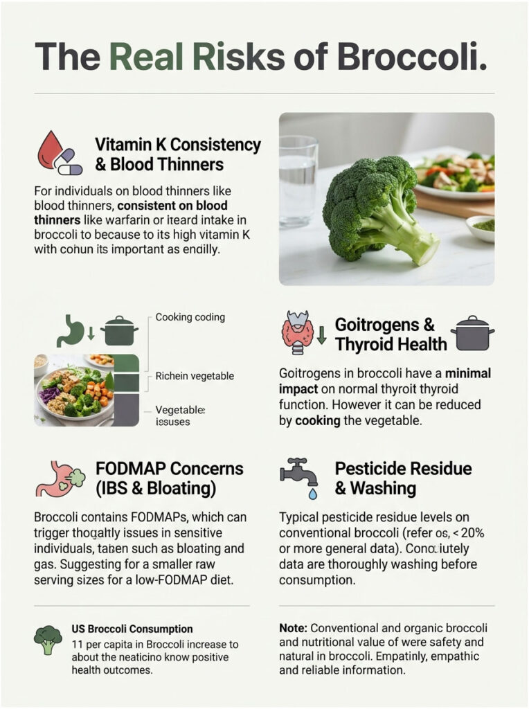 Infographic detailing the risks of broccoli, including vitamin K, goitrogens, FODMAP concerns, and pesticide residue.