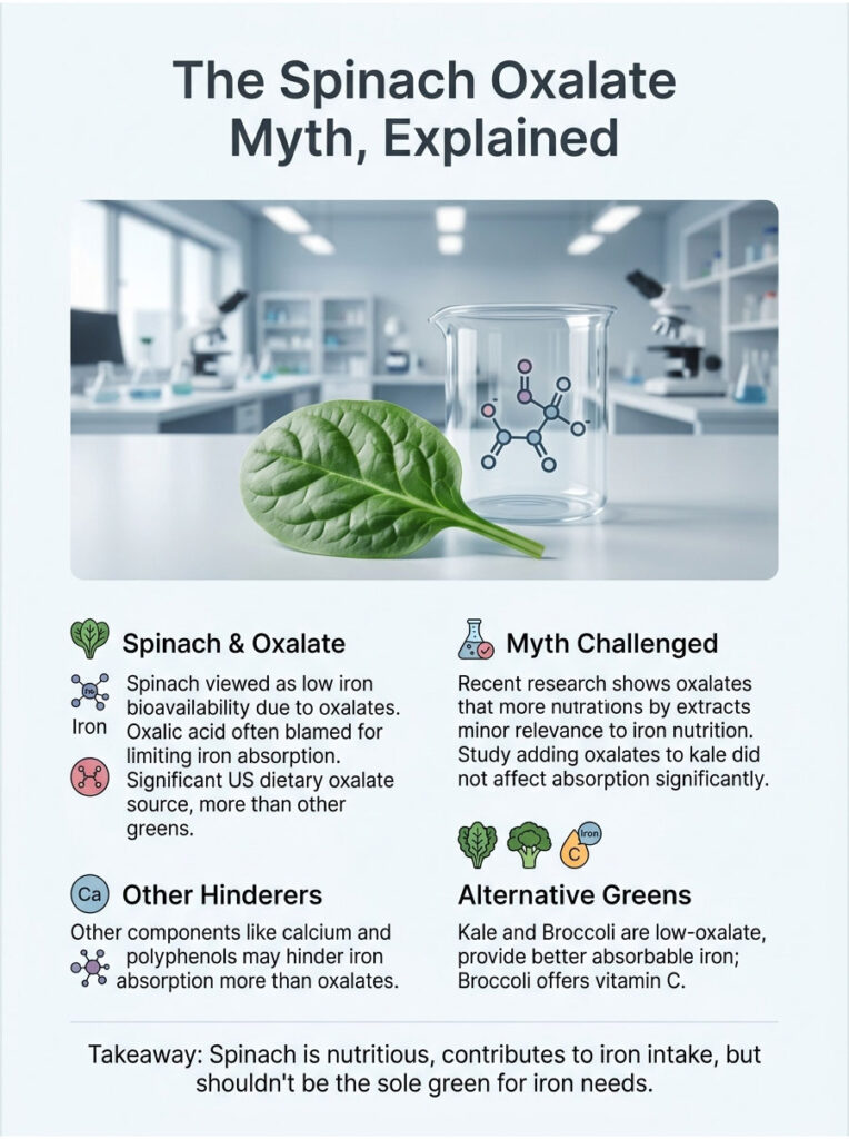 Infographic explaining the spinach oxalate myth with text on iron absorption and alternative greens.