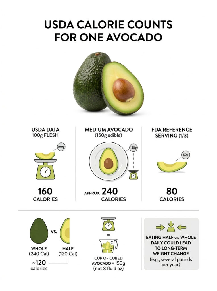 Infographic showing USDA calorie counts for avocado, including whole, half, and cubed servings with illustrations.
