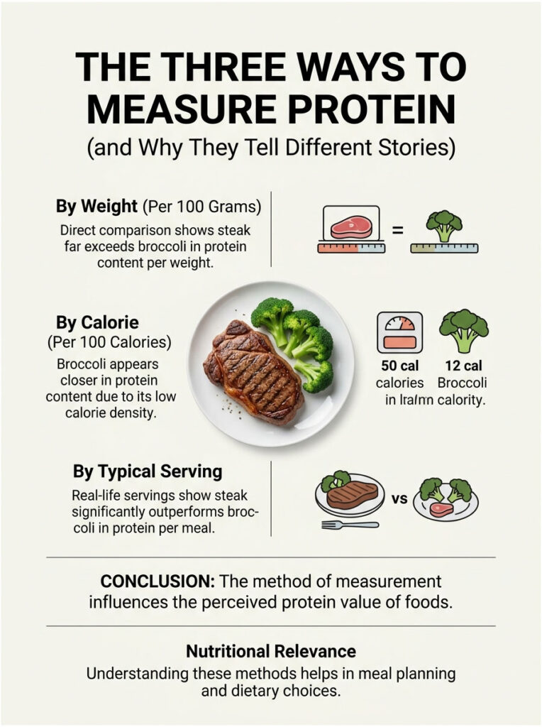 Infographic showing three ways to measure protein: by weight, calorie, and typical serving with visuals of steak and broccoli.