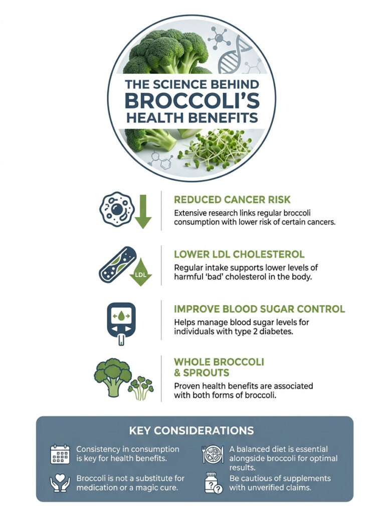 Infographic detailing broccoli's health benefits, including reduced cancer risk and improved blood sugar control.