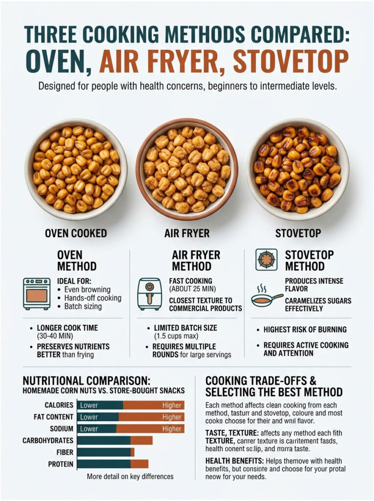 Comparison of cooking methods: oven, air fryer, stovetop with key benefits and nutritional data. Infographic.