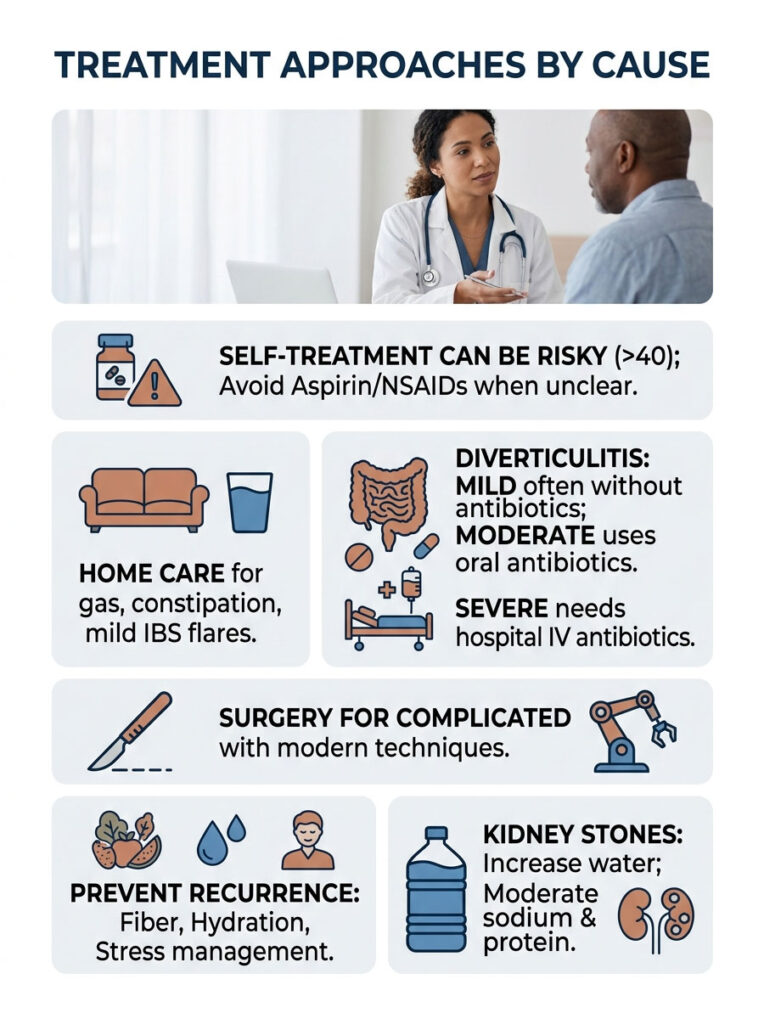 Infographic detailing treatment approaches for various medical conditions with icons and text explanations.