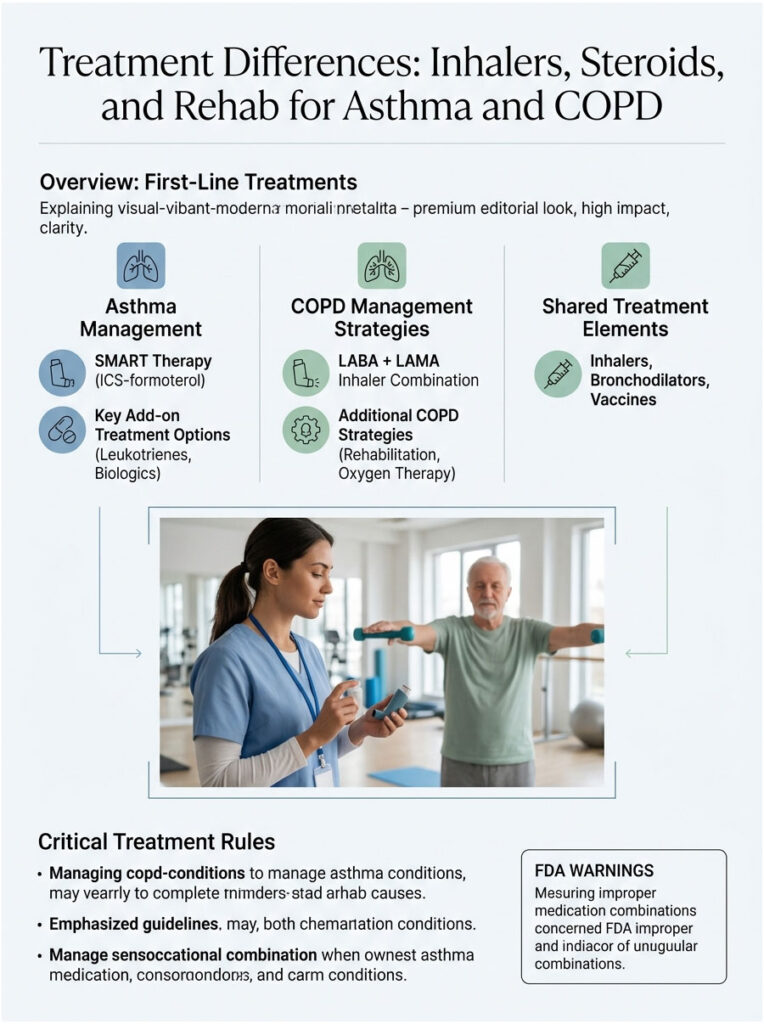 Infographic comparing asthma and COPD treatments, featuring charts, icons, and a patient consultation scene.