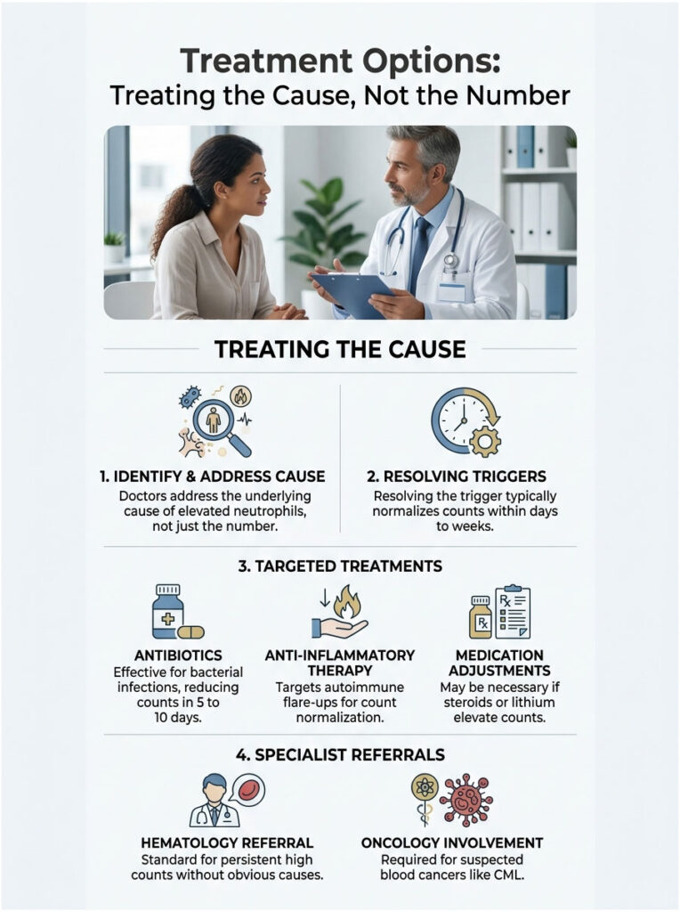 Infographic detailing treatment options for elevated neutrophils, including steps and icons for each method.