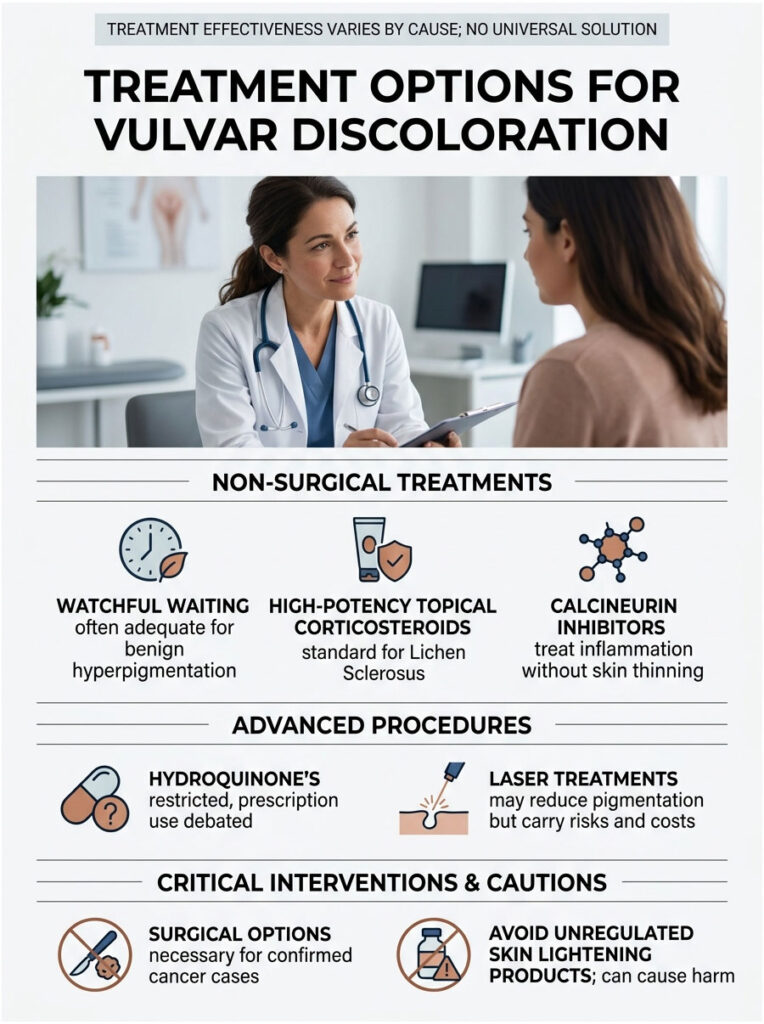 Infographic detailing treatment options for vulvar discoloration, including non-surgical and advanced procedures.