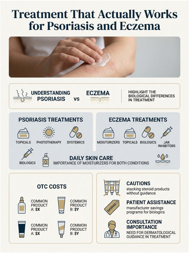 Infographic comparing psoriasis and eczema treatments, including costs and daily skin care tips.