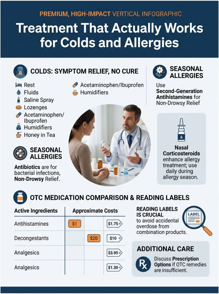 Infographic detailing treatments for colds and allergies, including medication comparisons and costs.