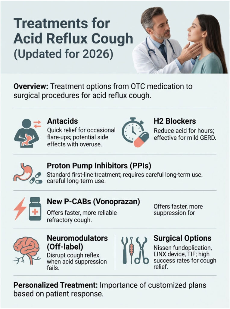 Infographic detailing treatments for acid reflux cough, including antacids, H2 blockers, and surgical options.