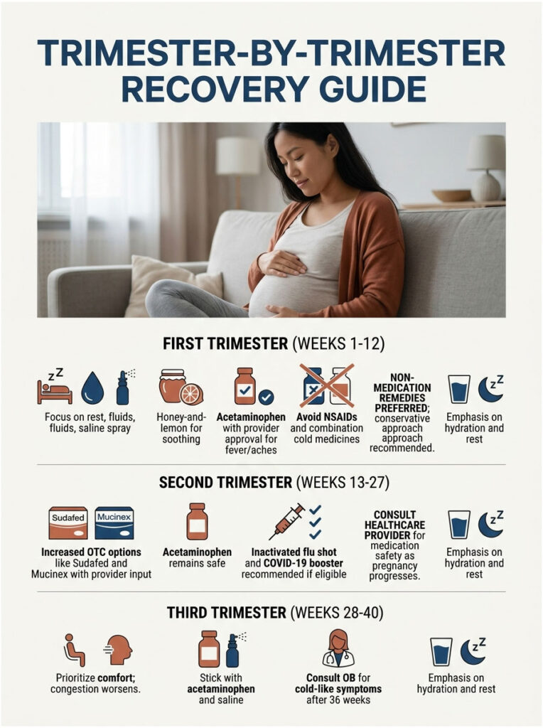 Infographic detailing trimester-by-trimester recovery guide for pregnant women, including medication advice and self-care tips.