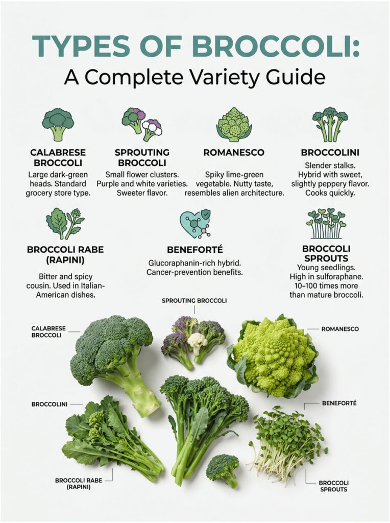 Infographic showing various types of broccoli with descriptions and illustrations of each variety.