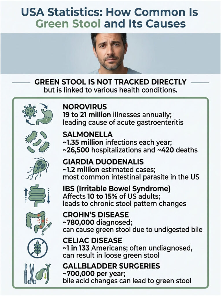 Infographic showing USA statistics on green stool causes, including norovirus, salmonella, and IBS data.