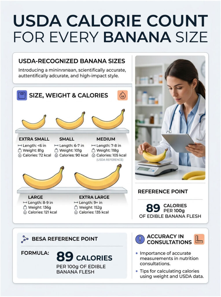 Infographic showing USDA-recognized banana sizes, weights, and calorie counts for each size, with a doctor weighing bananas.