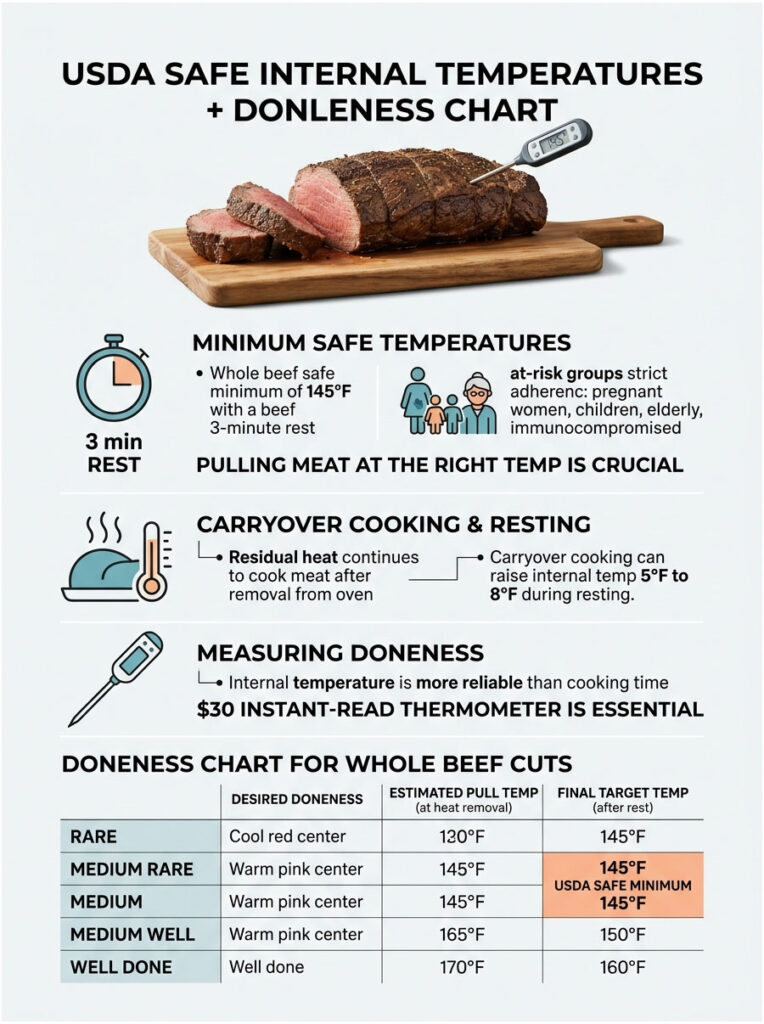 Infographic showing USDA safe internal temperatures for beef, including doneness chart and cooking tips.