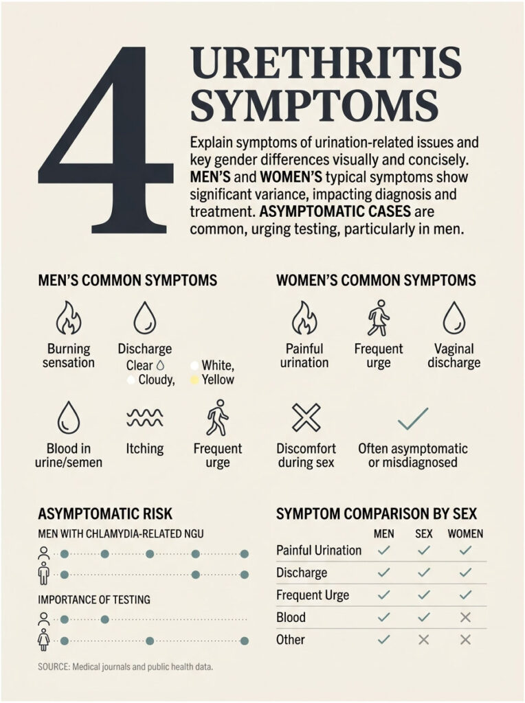 Infographic detailing urethritis symptoms, comparing men's and women's symptoms with icons and charts.