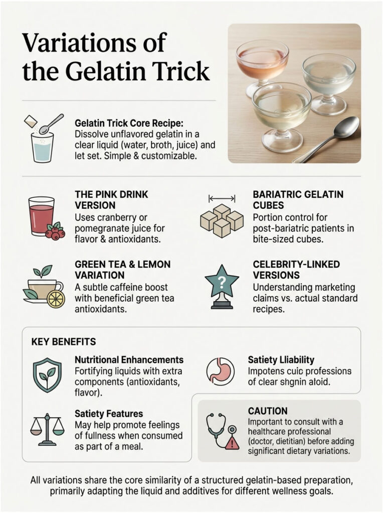 Infographic showing variations of the Gelatin Trick with recipes, benefits, and visual icons for each version.